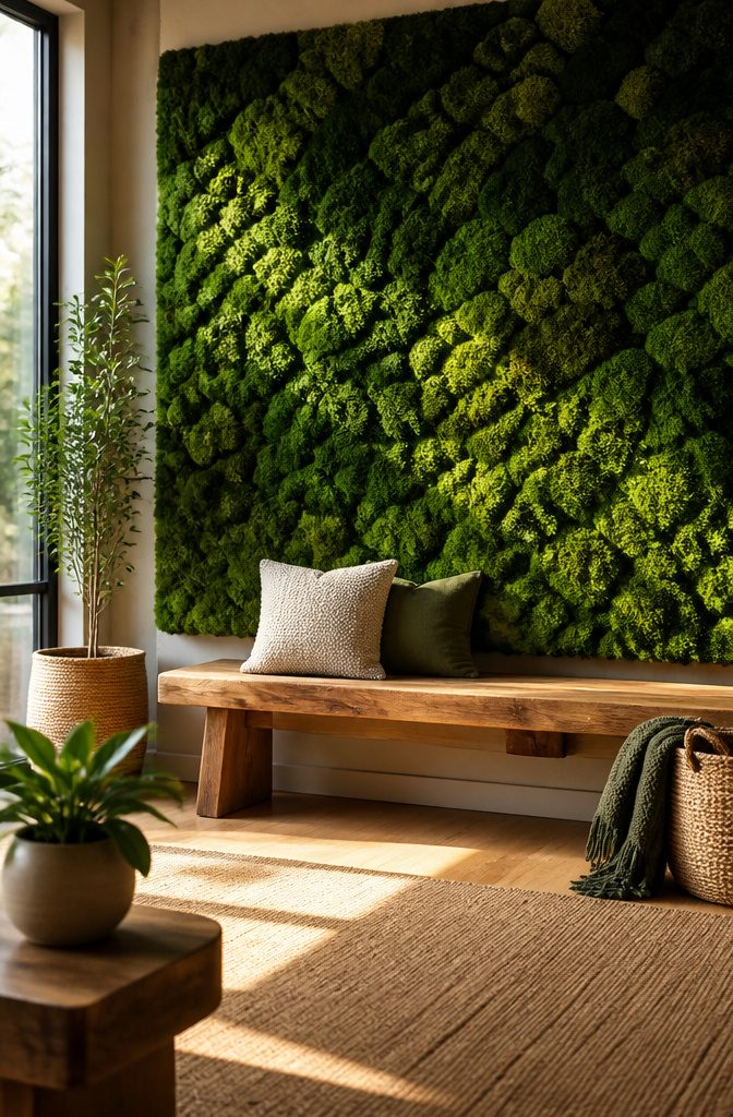 Living room with a moss panel accent wall behind a sofa.