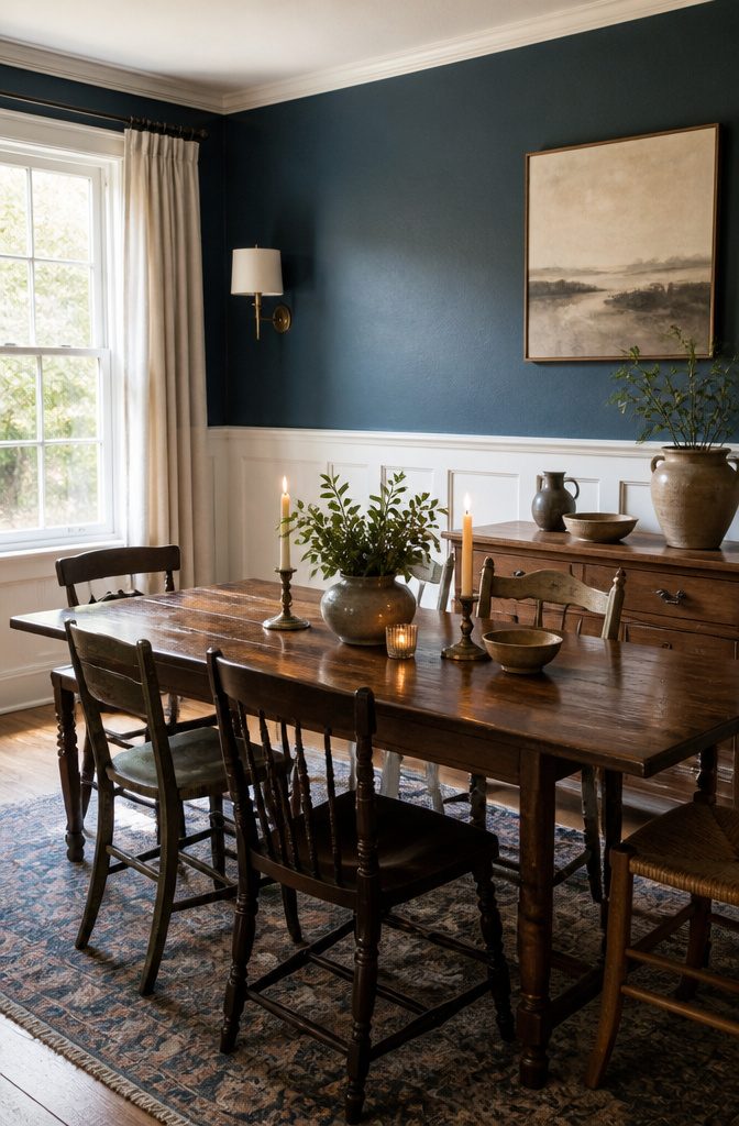 Dining room with a Mallard Blue accent wall and wooden table.