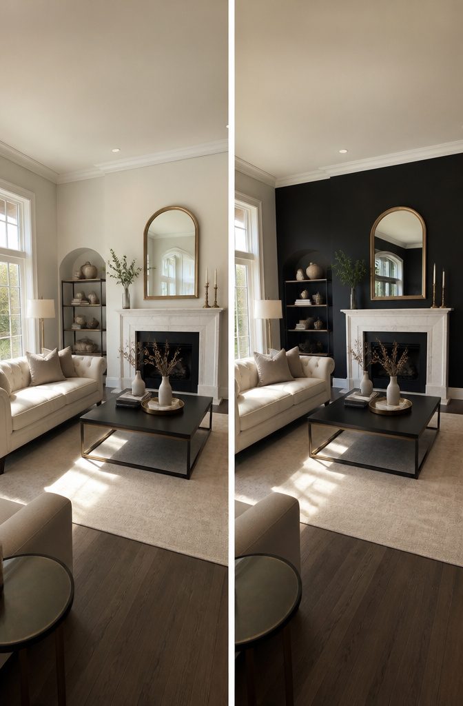 Accent wall in Caviar Black color in a well-lit room.