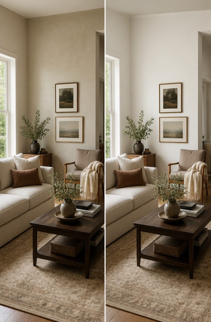 Dining area with a pale accent wall in Cloud Dancer color.