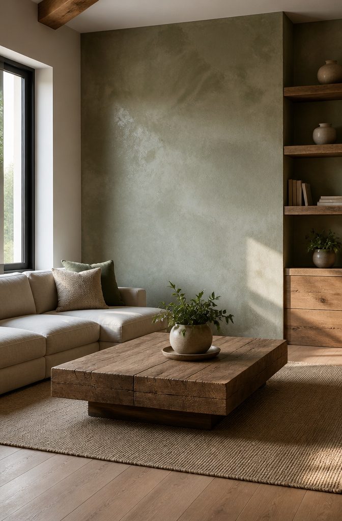 Living room with a limewash accent wall and natural wood elements.