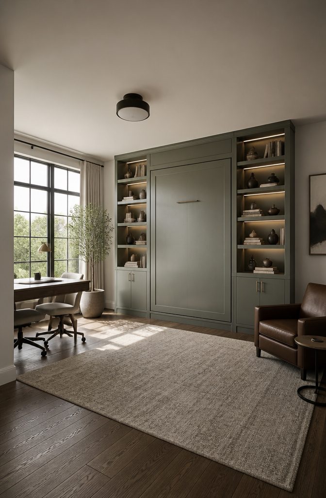 Accent wall with a Murphy bed and folding desk.