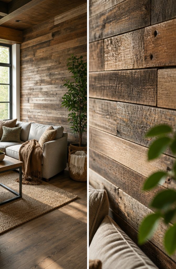 Accent wall made of reclaimed wood in a cozy setting.