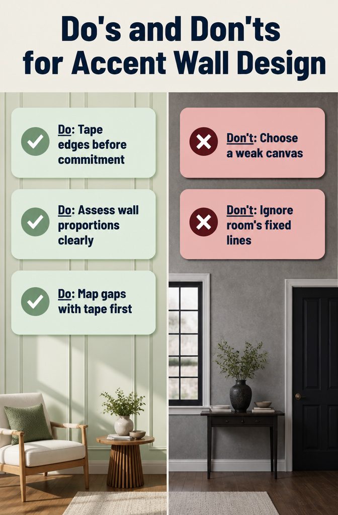 Illustration showing do's and don'ts for accent wall design.
