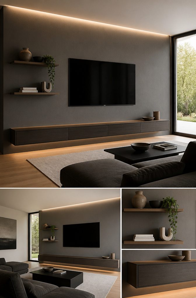 Accent wall with recessed electrical features for a TV.