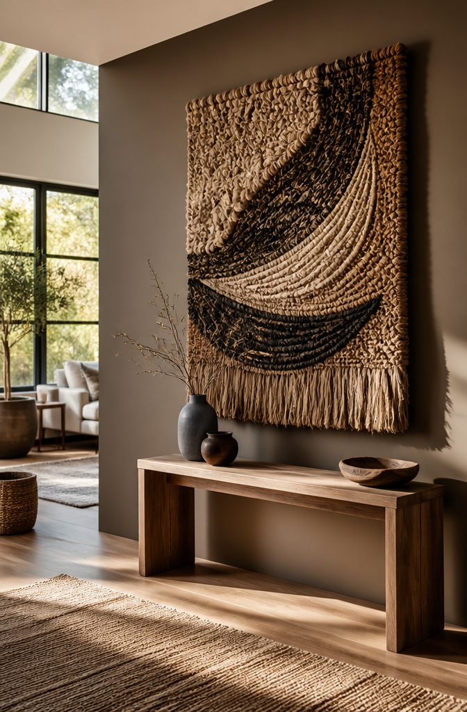 Accent wall displaying a large woven wall sculpture.