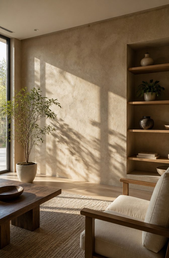 Accent wall featuring limewash finish in a bright room.