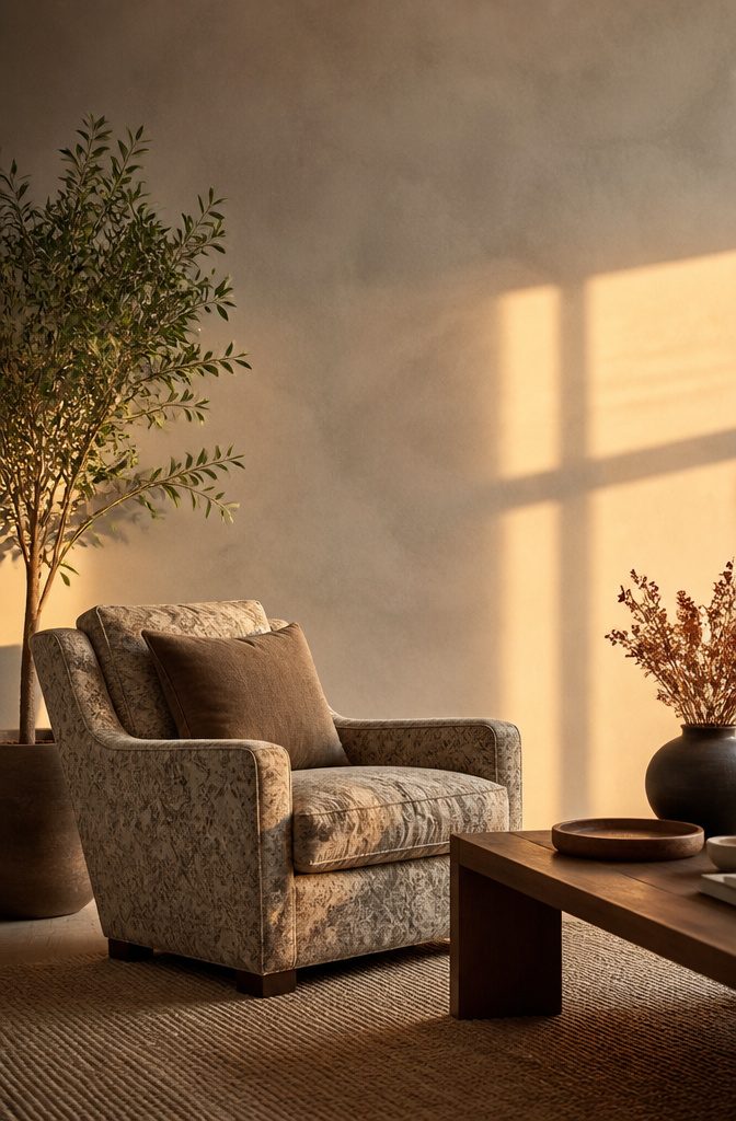 Accent wall with limewash finish and nearby plant.