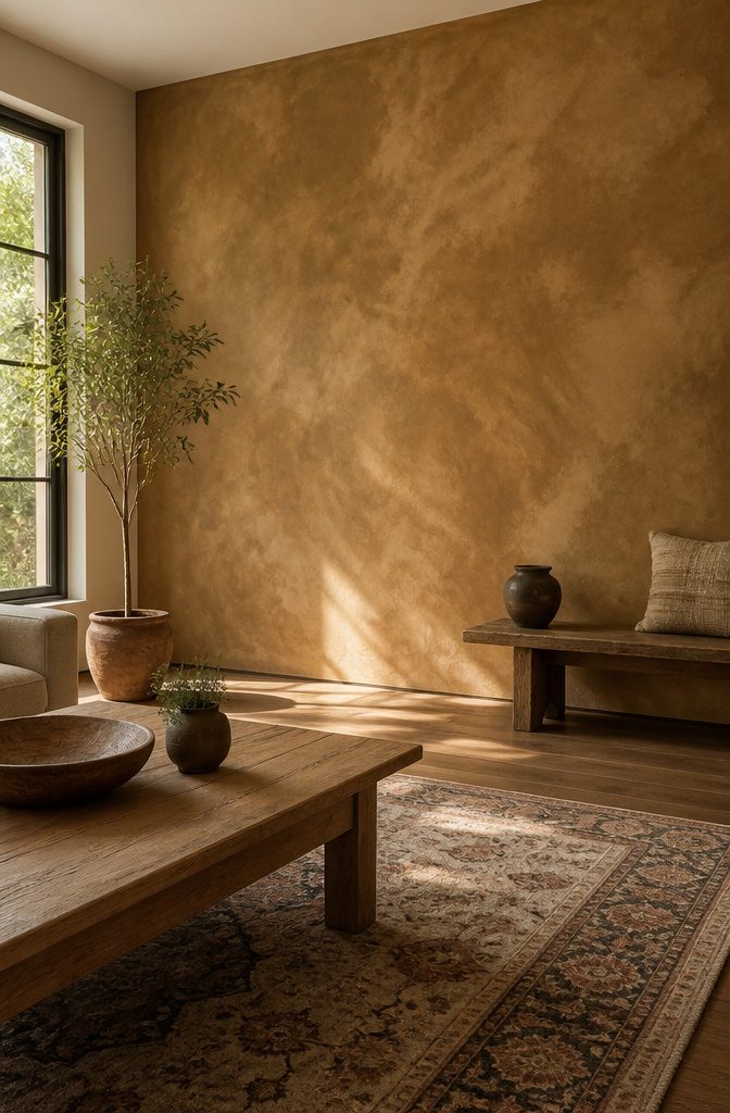 Living room with a limewash accent wall in Rich Gold and Mocha Mousse.
