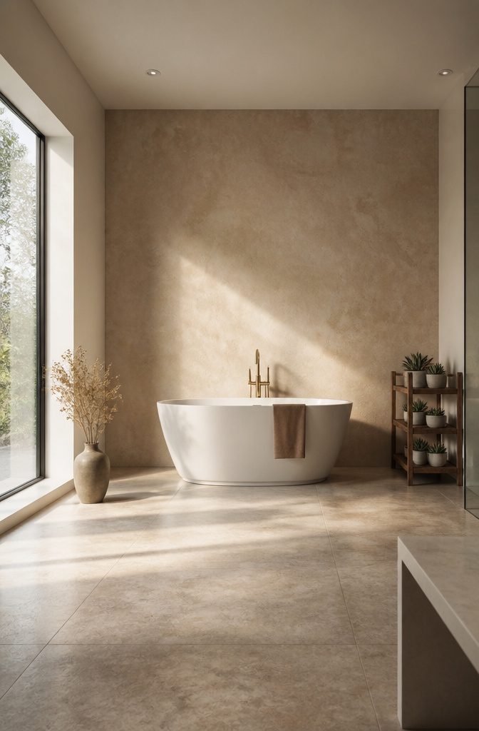 Bathroom corner with a textured accent wall behind a bathtub.