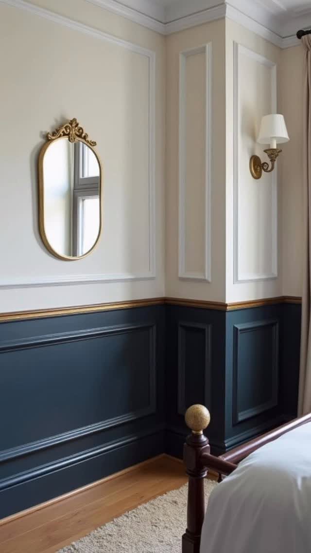 Cream upper walls and navy blue wainscoting separated by a gold chair rail in a bedroom.
