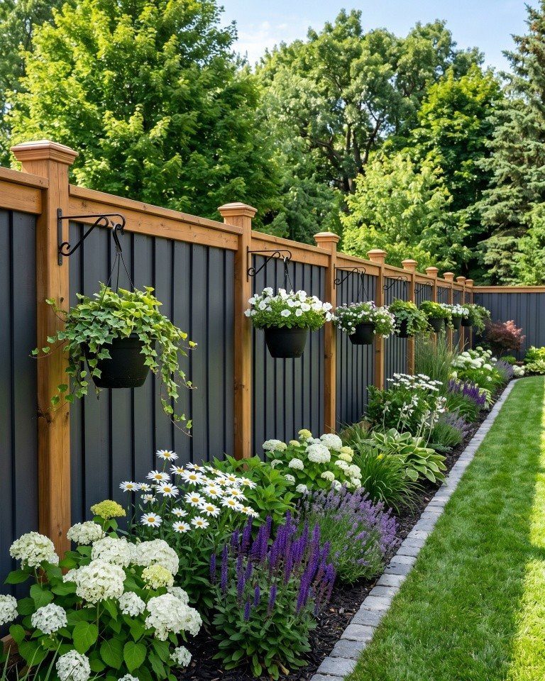 A dark grey vertical board fence with wooden posts and hanging flower pots in a garden.