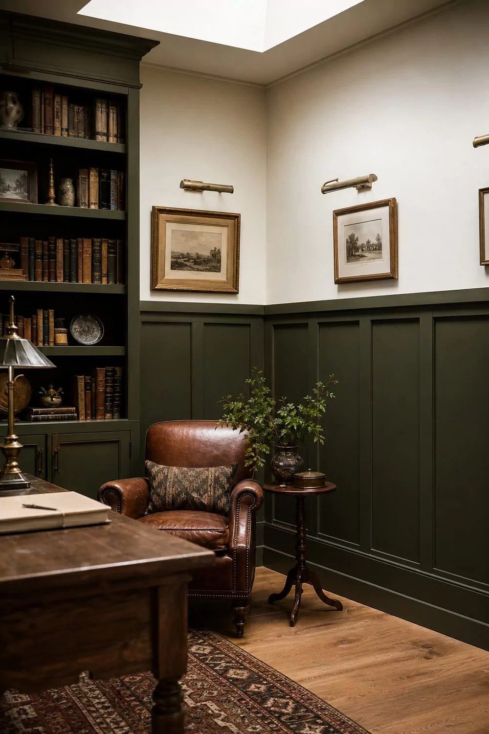 Dark green board and batten wainscoting paneling in a classic study with leather furniture.