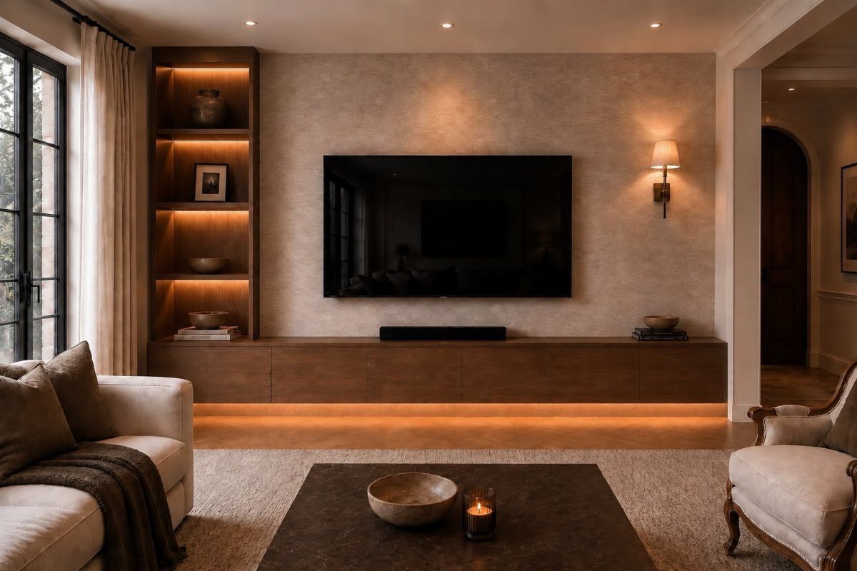 Built in Entertainment Center: 8 Design Ideas for Your Wall 3 Built-in wooden shelves with warm integrated LED lighting displaying decor next to a wall-mounted television.