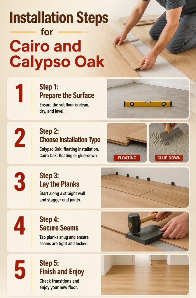 CoreTec Cairo Oak vs Calypso Oak: 6 Key Comparison Areas 7 Installation options for Cairo Oak and Calypso Oak flooring.