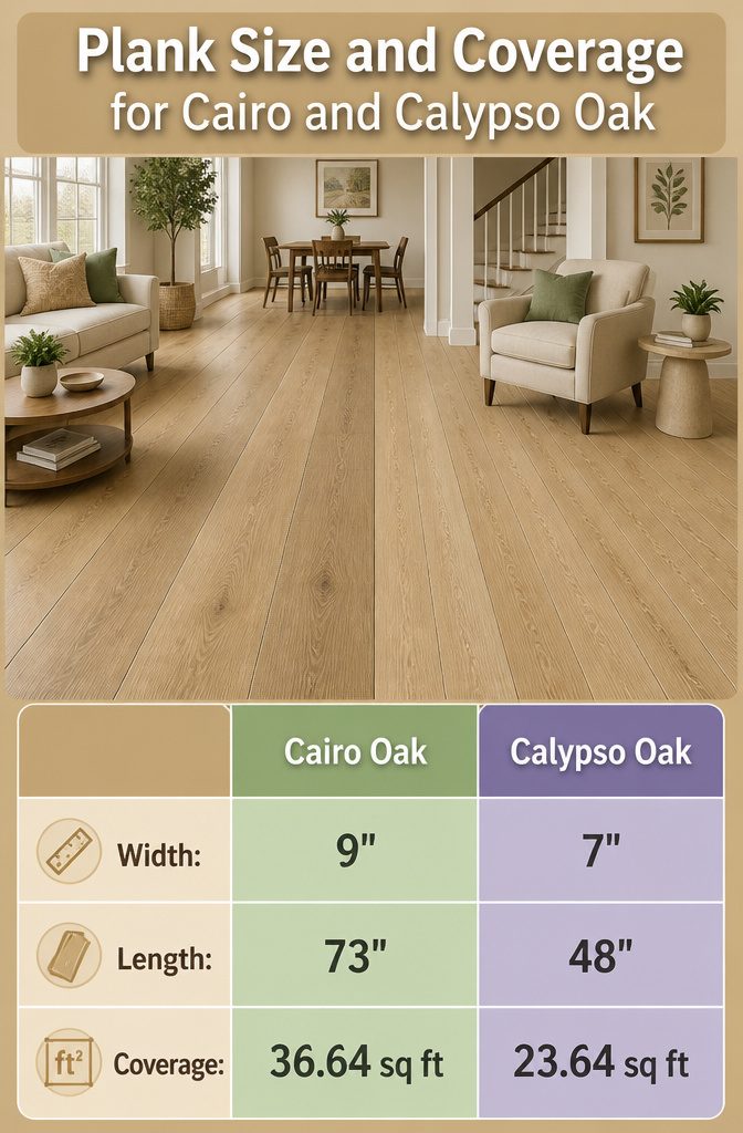 CoreTec Cairo Oak vs Calypso Oak: 6 Key Comparison Areas 3 Plank size comparison between Cairo Oak and Calypso Oak.