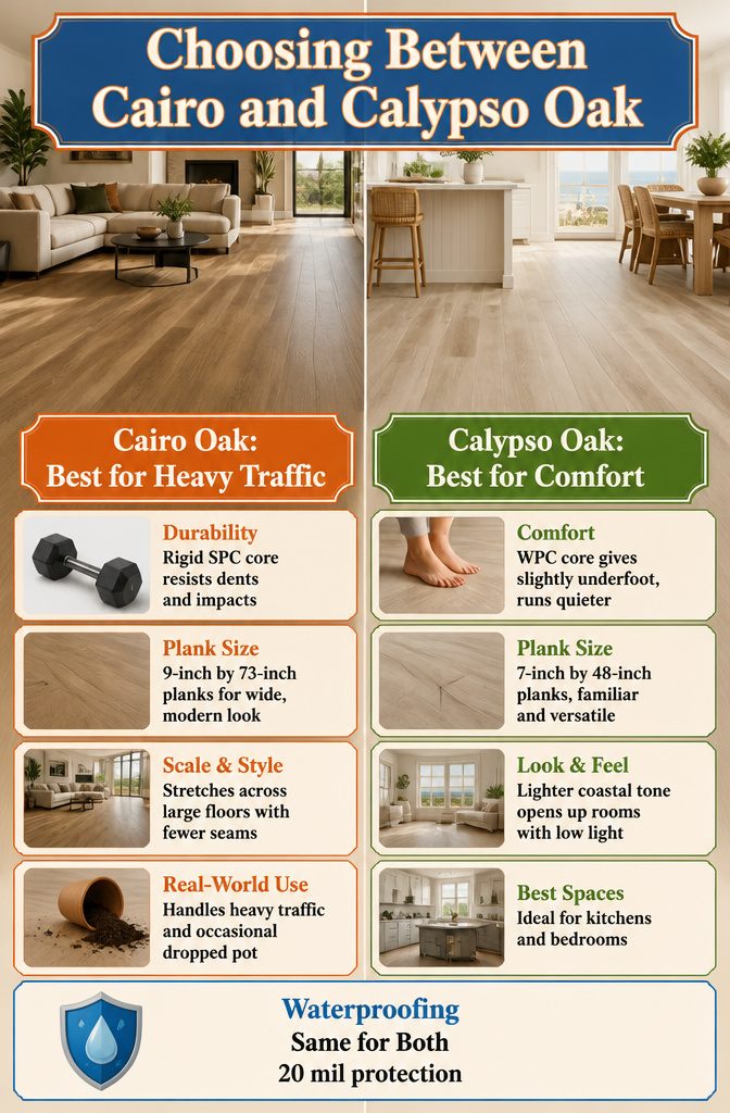 CoreTec Cairo Oak vs Calypso Oak: 6 Key Comparison Areas 10 Comparison of suitability for Cairo Oak and Calypso Oak flooring.