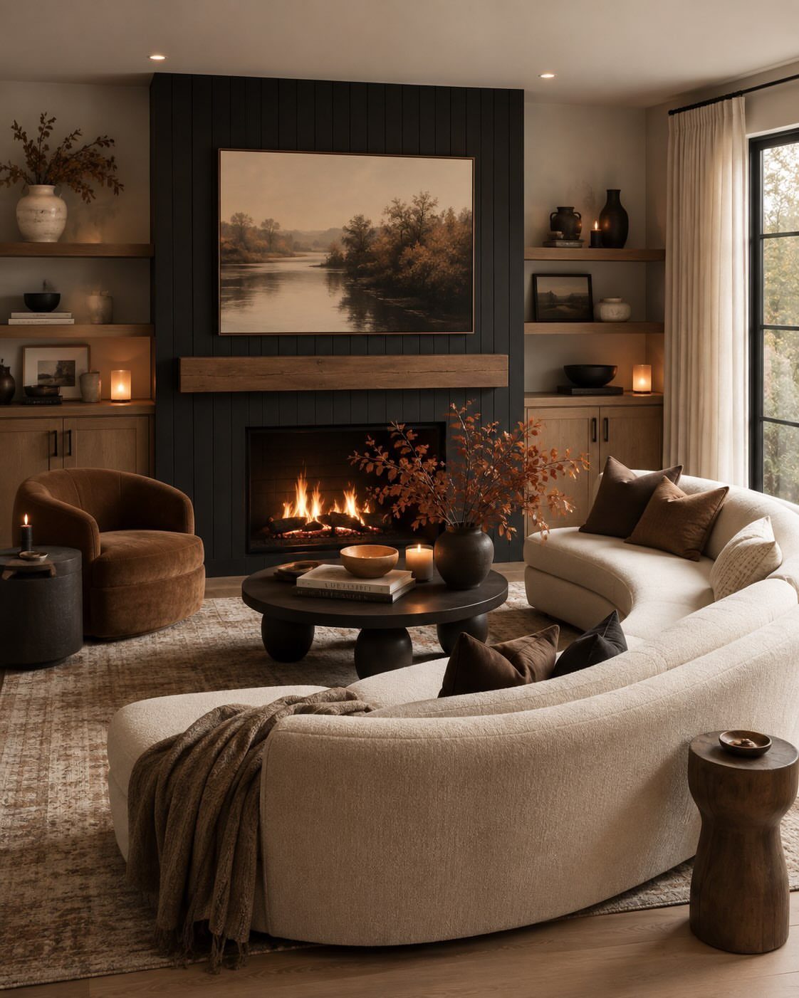 20 Dark Accent Wall Ideas to Try in Any Room 20 A dark paneled living room wall featuring a fireplace, wooden mantel, and landscape art.