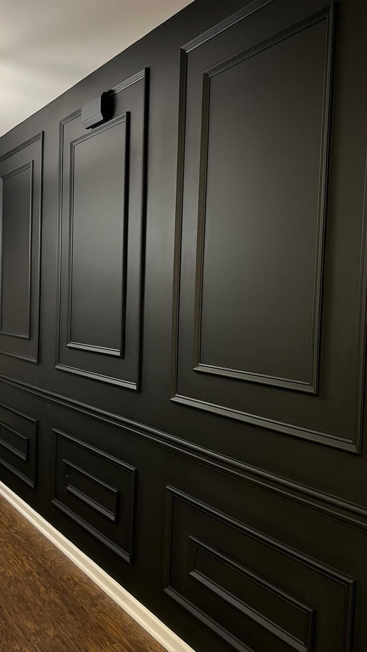 20 Dark Accent Wall Ideas to Try in Any Room 17 Black accent wall with decorative rectangular picture frame molding and wainscoting above wood flooring.