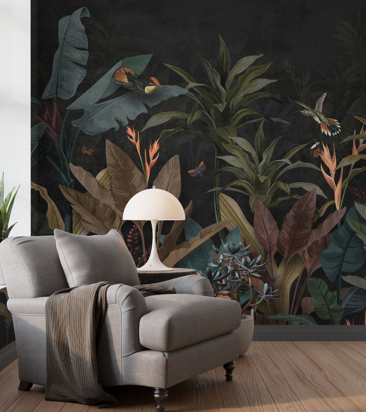 20 Dark Accent Wall Ideas to Try in Any Room 5 A grey armchair sits before a dark tropical patterned wallpaper with large leaves and birds.