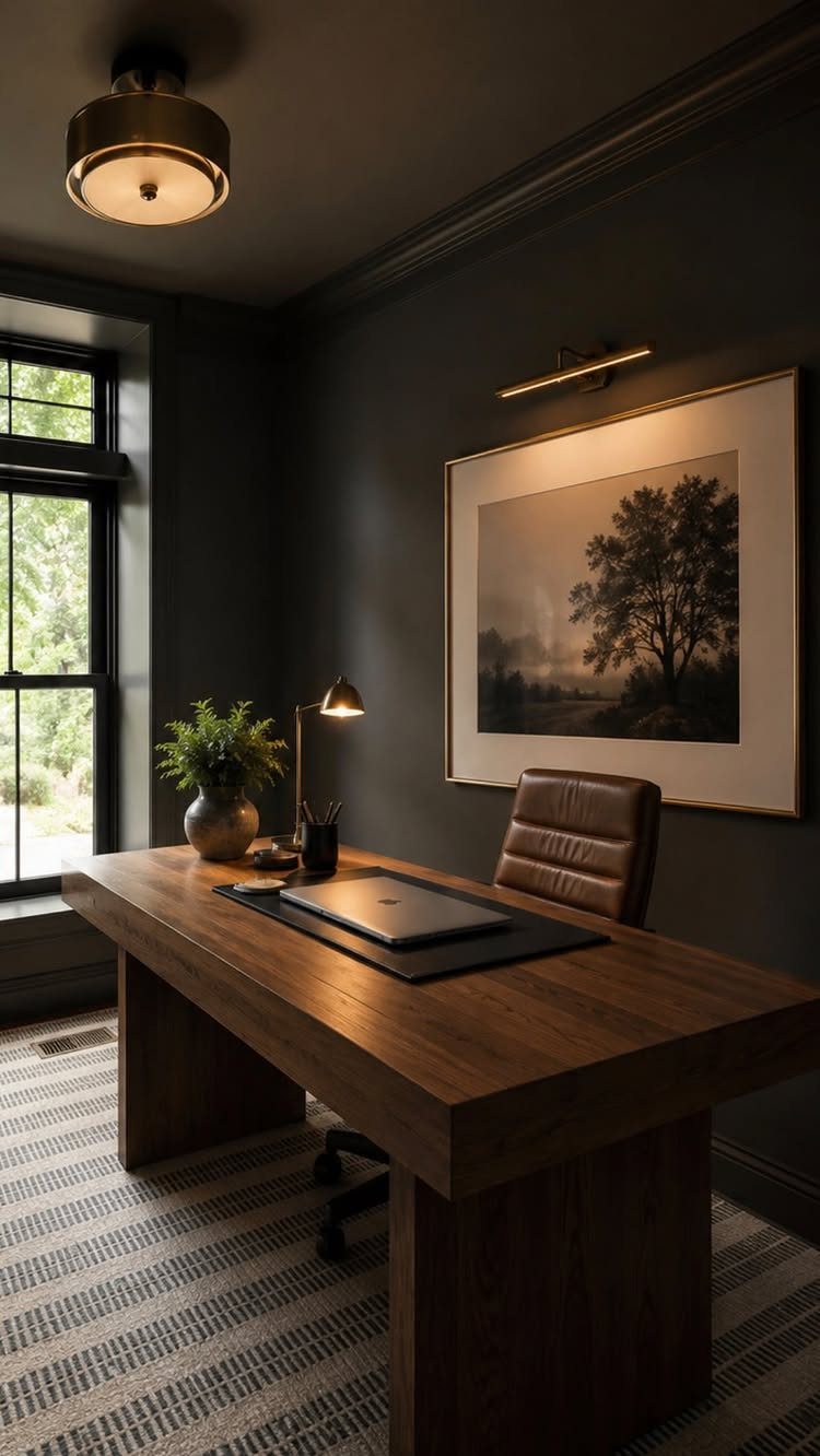 20 Dark Accent Wall Ideas to Try in Any Room 3 A wooden desk and leather chair sit against a dark charcoal accent wall in a home office.
