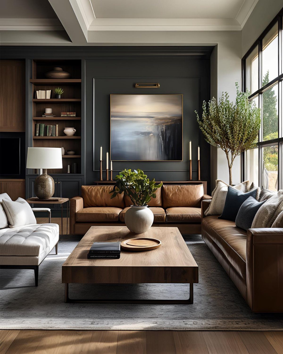 20 Dark Accent Wall Ideas to Try in Any Room 2 Dark charcoal accent wall in a living room illuminated by bright natural light from large windows.