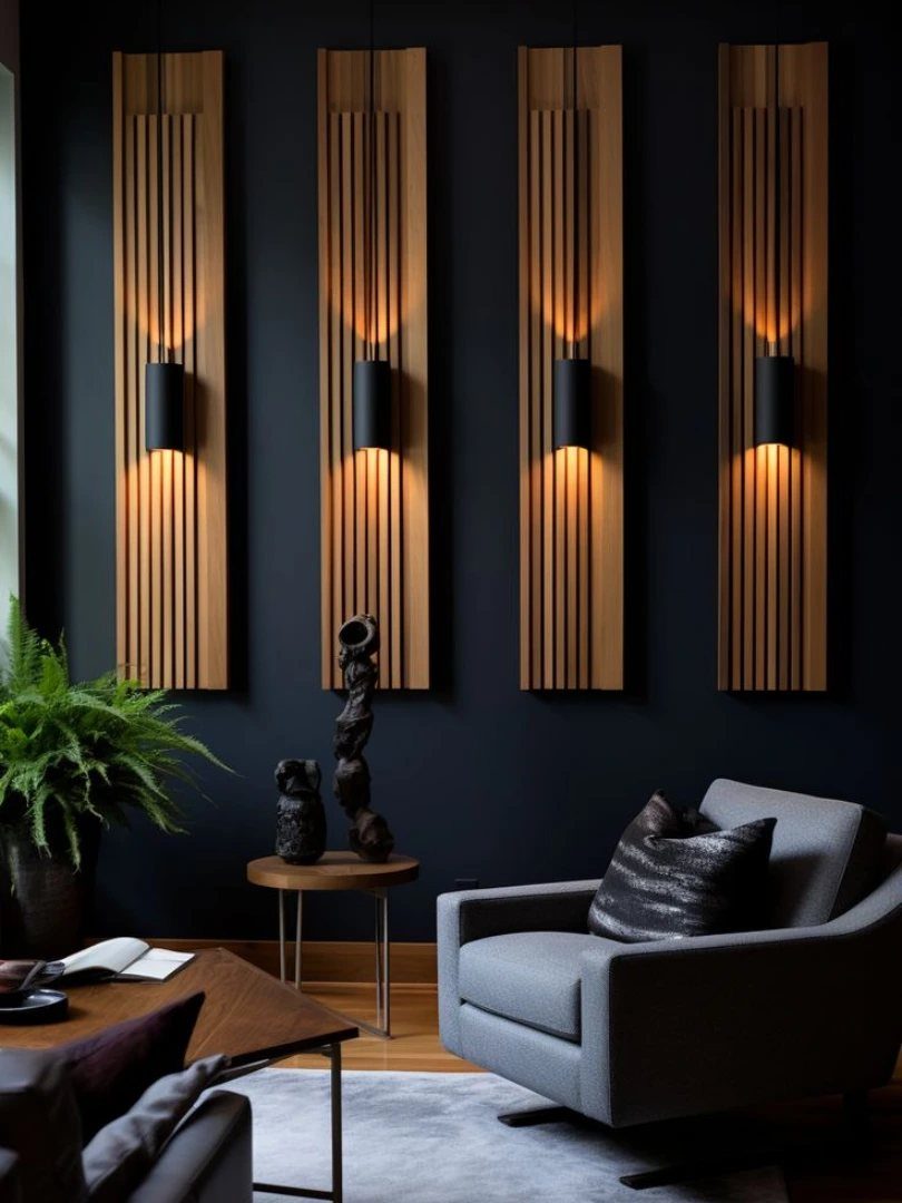 20 Dark Accent Wall Ideas to Try in Any Room 16 Four vertical light wood slat panels with black sconces mounted on a dark navy accent wall.