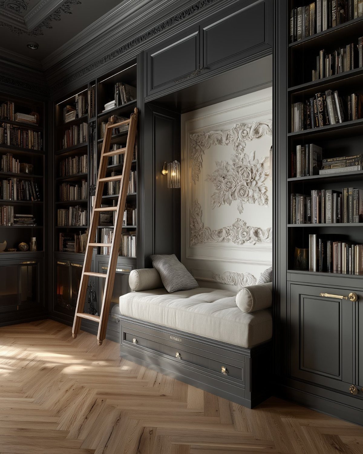 20 Dark Accent Wall Ideas to Try in Any Room 7 Black built-in bookshelves with a wooden ladder and a cushioned reading nook area.