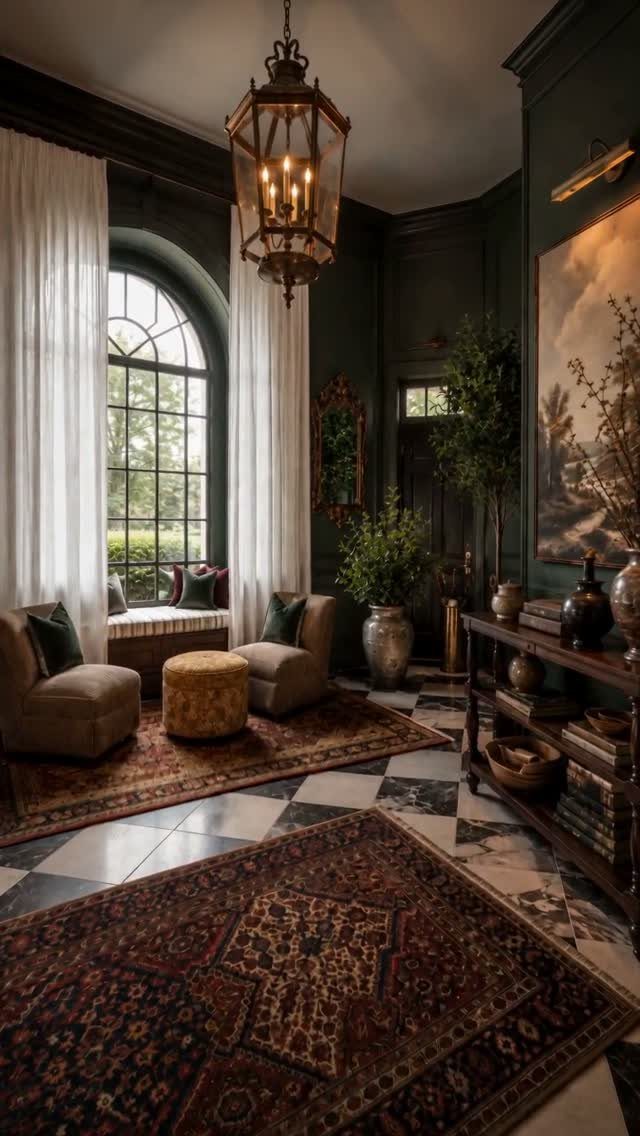 20 Dark Accent Wall Ideas to Try in Any Room 6 Patterned oriental rugs laid over a checkered marble floor in a dark green living room.