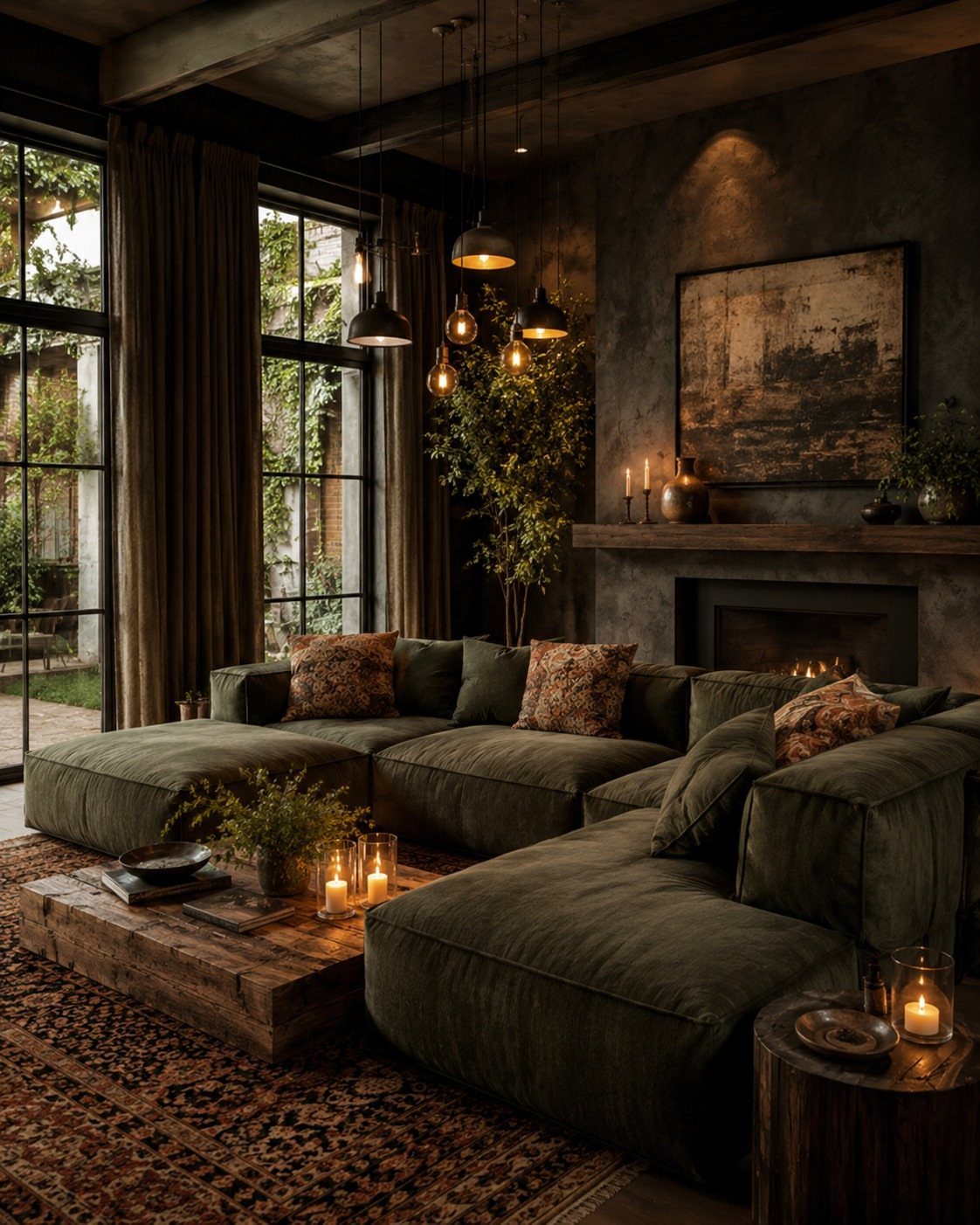 20 Dark Accent Wall Ideas to Try in Any Room 14 Dark textured living room with a green sectional sofa, wooden coffee table, and warm candlelight.