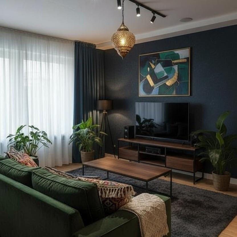 20 Dark Accent Wall Ideas to Try in Any Room 13 Dark navy blue accent wall in a modern living room with green sofa and plants.