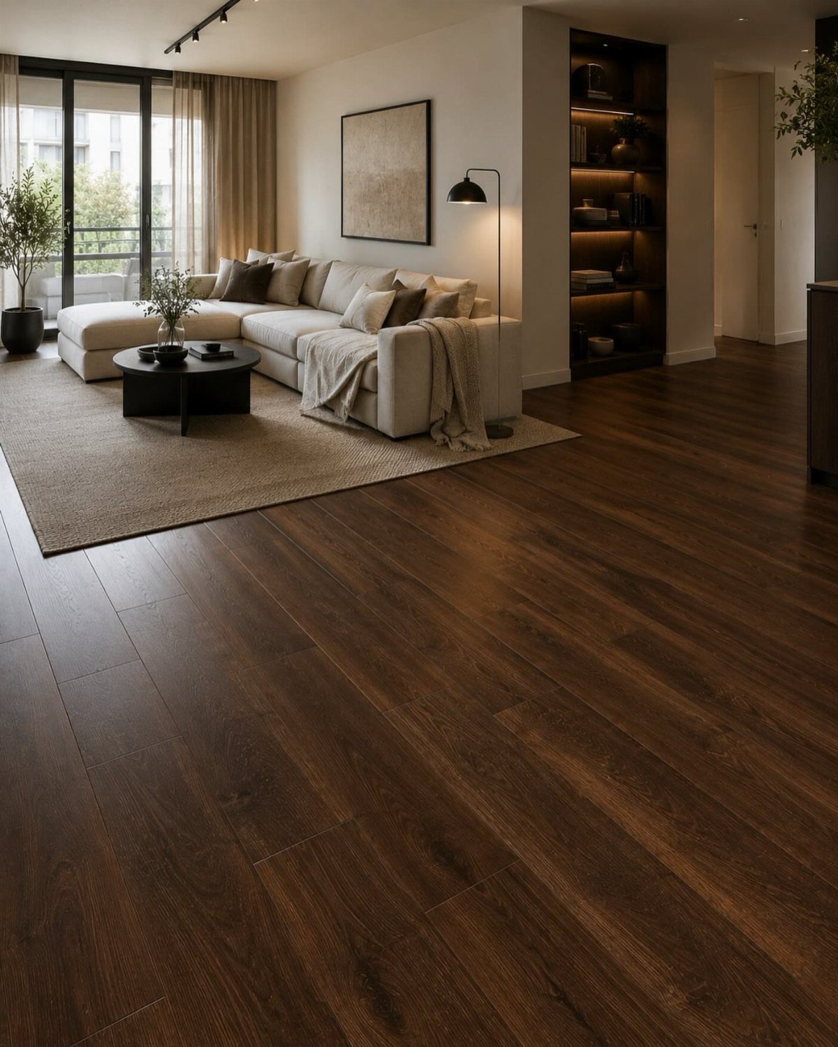 Dark walnut hardwood flooring in a modern living room with light beige furniture and decor.