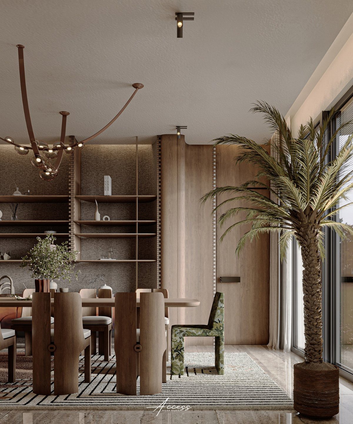 Modern dining room with wooden furniture, a large palm plant, and built-in shelving units.