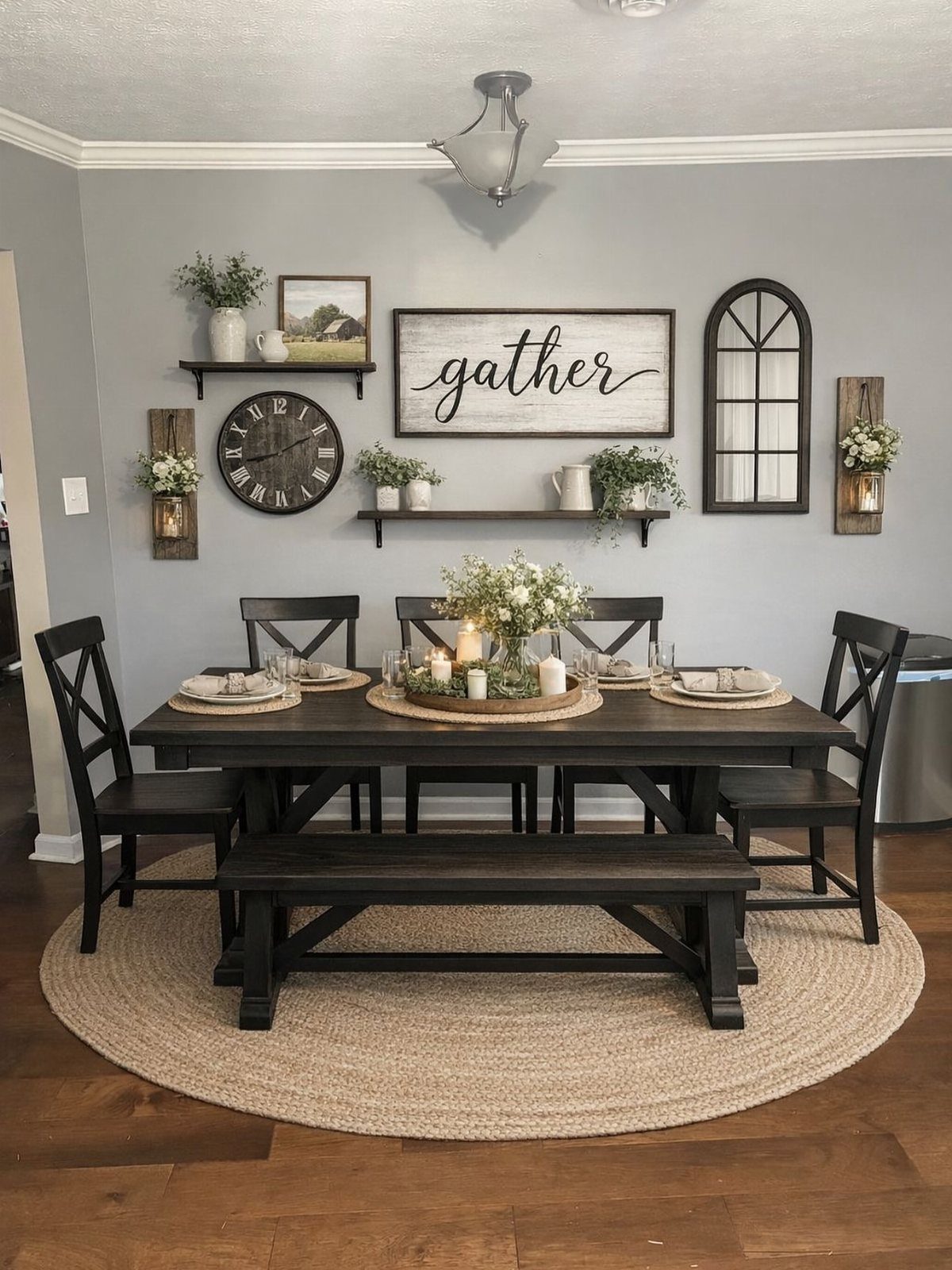 Dining room wall decor featuring a gather sign, clock, and various floating shelves on a grey wall.