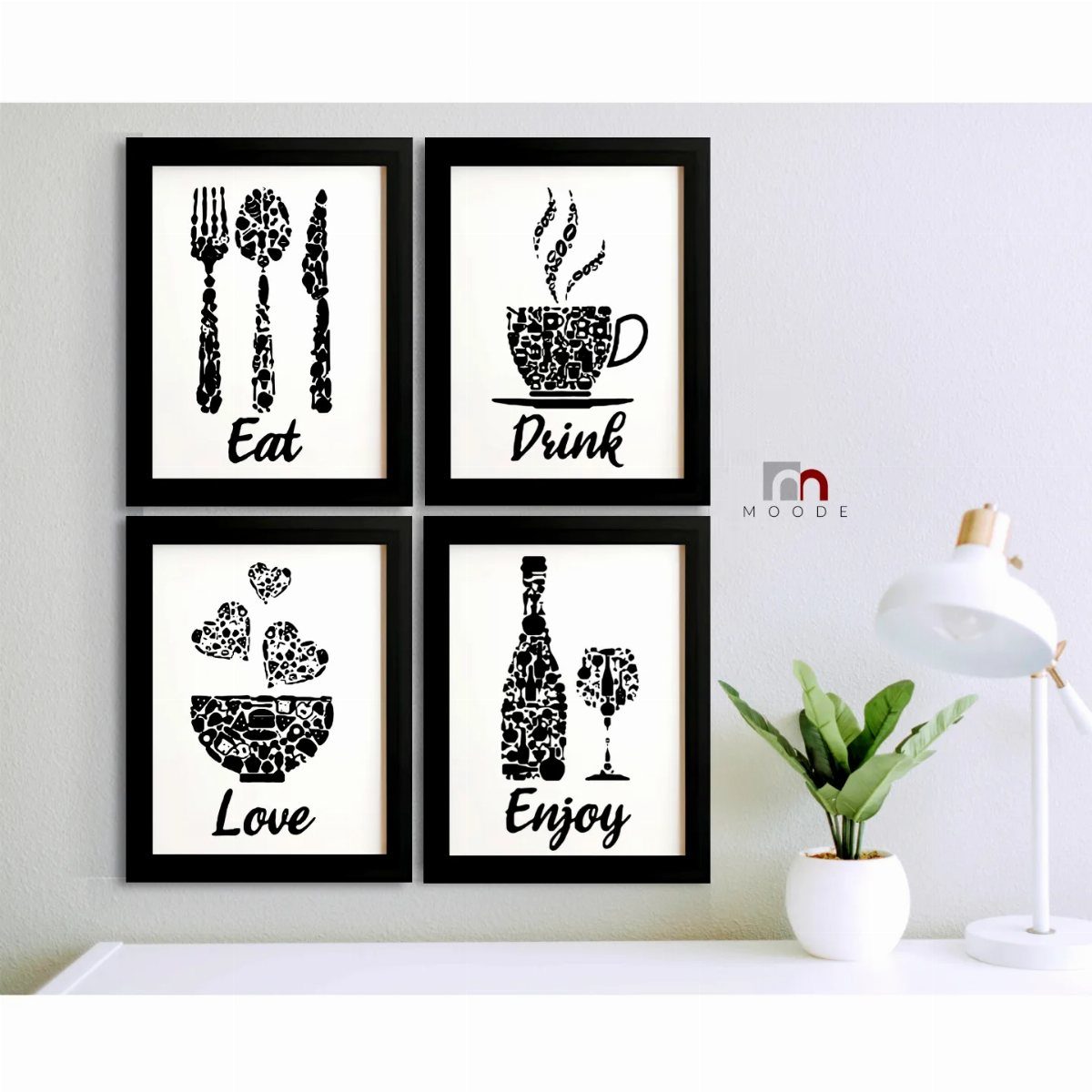 Four black framed art prints with food and drink silhouettes hanging on a white wall.