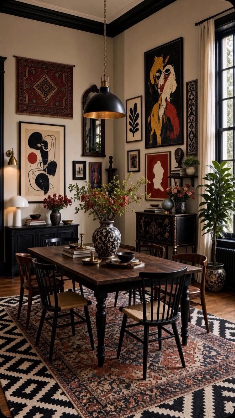 Framed art and textiles arranged in a gallery wall style above a dining table.