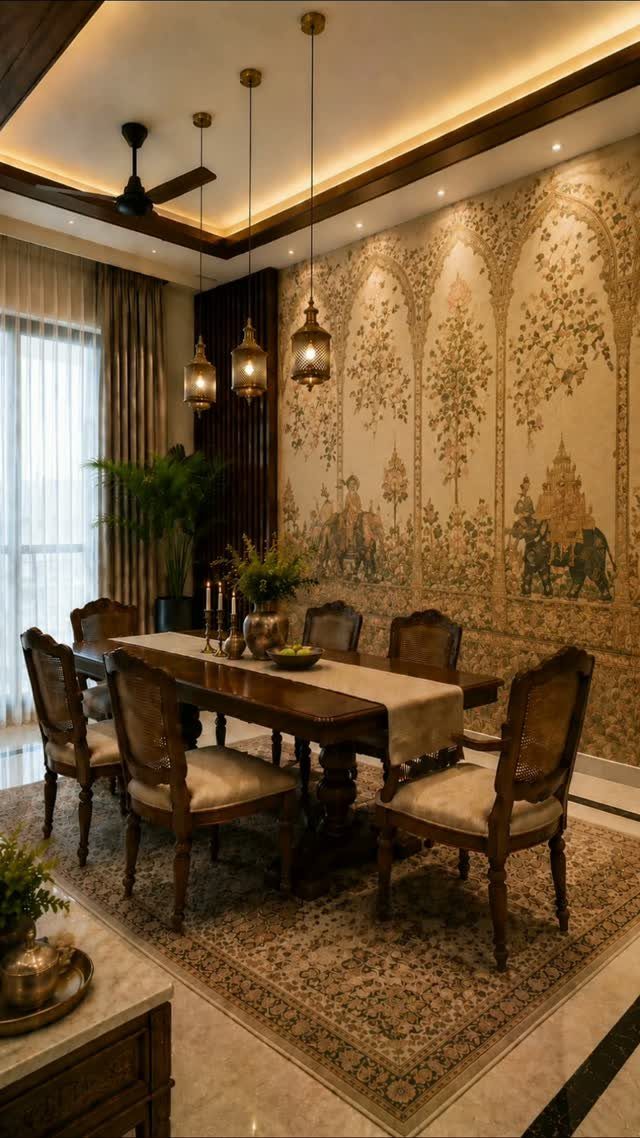 Dining room set with wooden furniture and detailed botanical elephant patterned wallpaper.