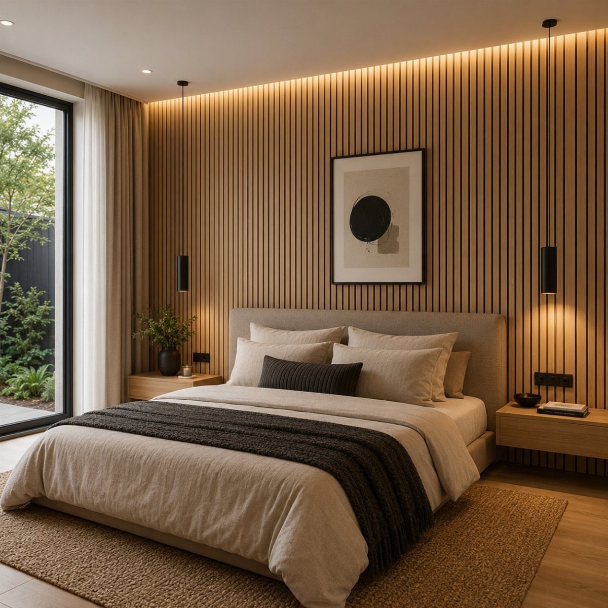 Floor to Ceiling Wall Paneling: 9 Rooms That Get It Right 5 Vertical light wood slats covering a bedroom wall from floor to ceiling behind a bed.