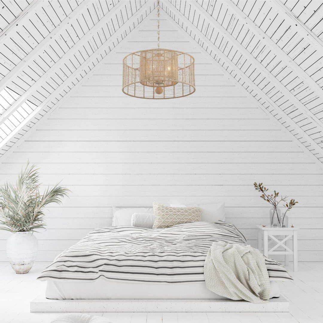 Floor to Ceiling Wall Paneling: 9 Rooms That Get It Right 3 White horizontal shiplap walls and slatted ceiling in a bright, minimalist bedroom setting.