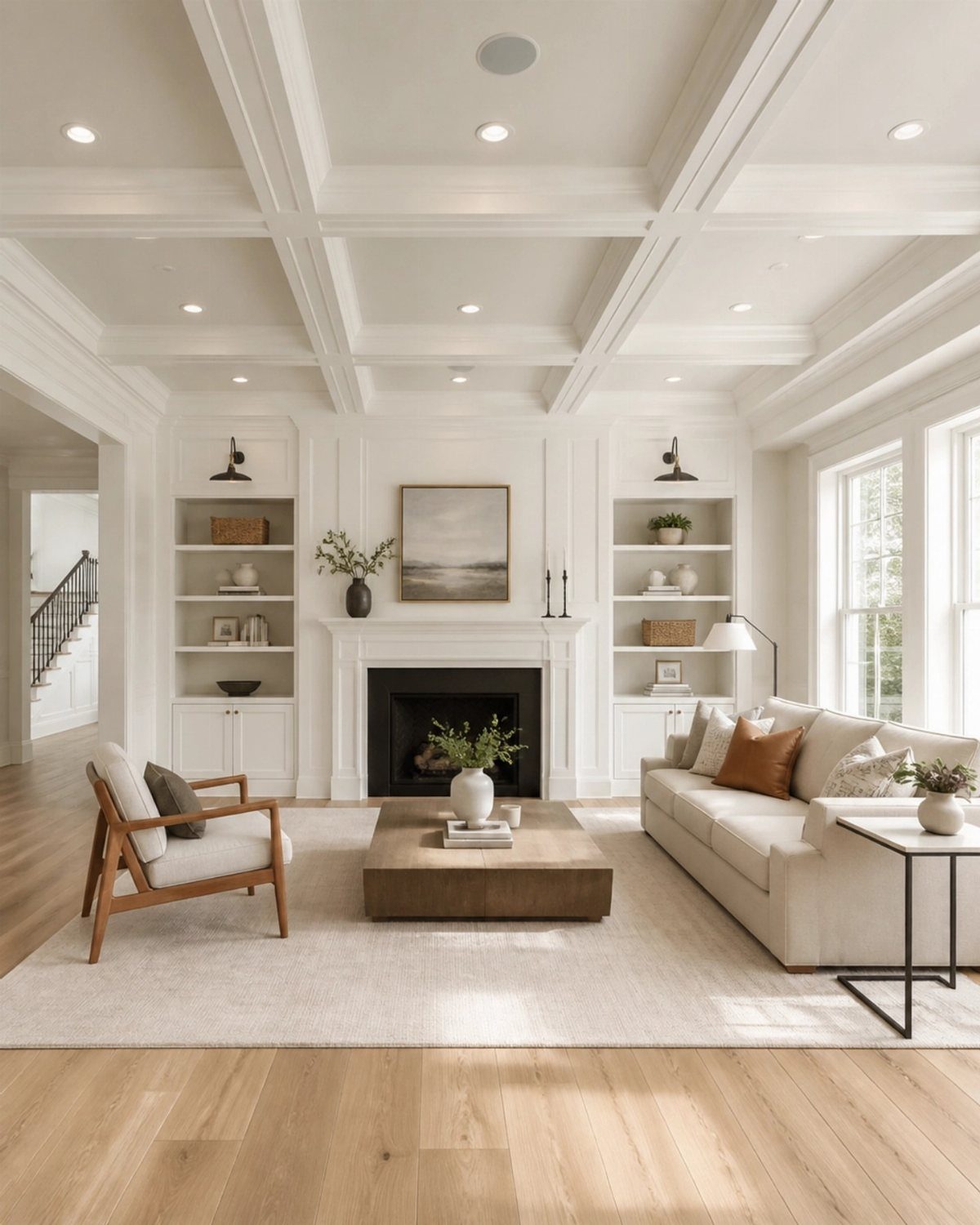 Floor to Ceiling Wall Paneling: 9 Rooms That Get It Right 10 White paneled walls with built-in shelving and a fireplace in a bright living room.