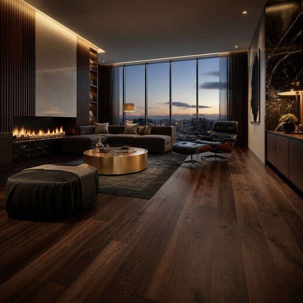 Flooring Trends 2026: 10 Ideas for Warmth, Texture, and Contrast 6 Dark rich brown wood plank flooring in a luxury modern living room with city views.