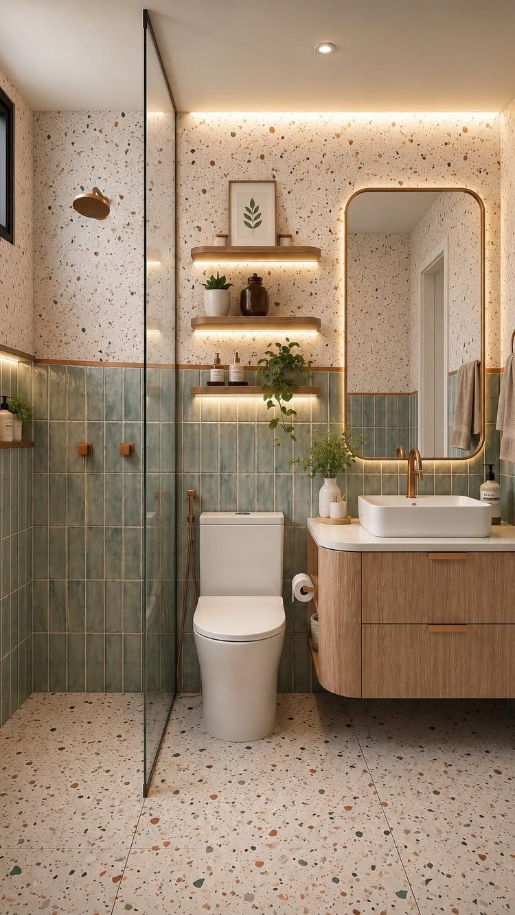 Flooring Trends 2026: 10 Ideas for Warmth, Texture, and Contrast 10 Terrazzo flooring and sage green tiles in a modern, warmly lit bathroom setting.