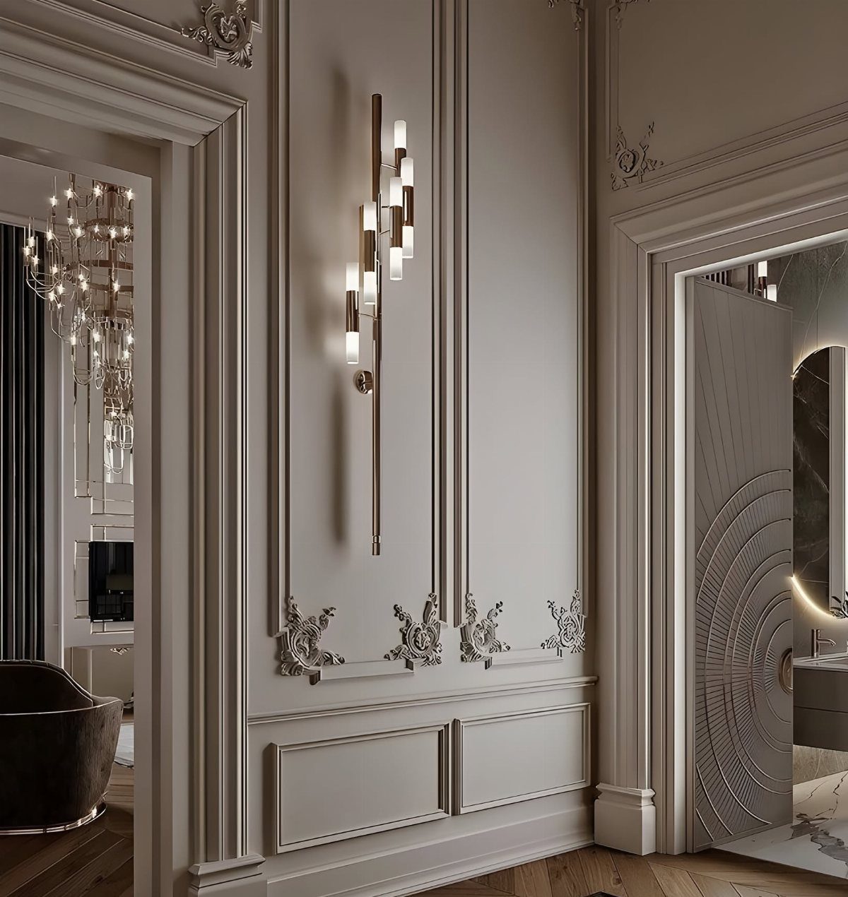 Ornate beige wall paneling with decorative carvings and a modern gold wall sconce in a luxury room.