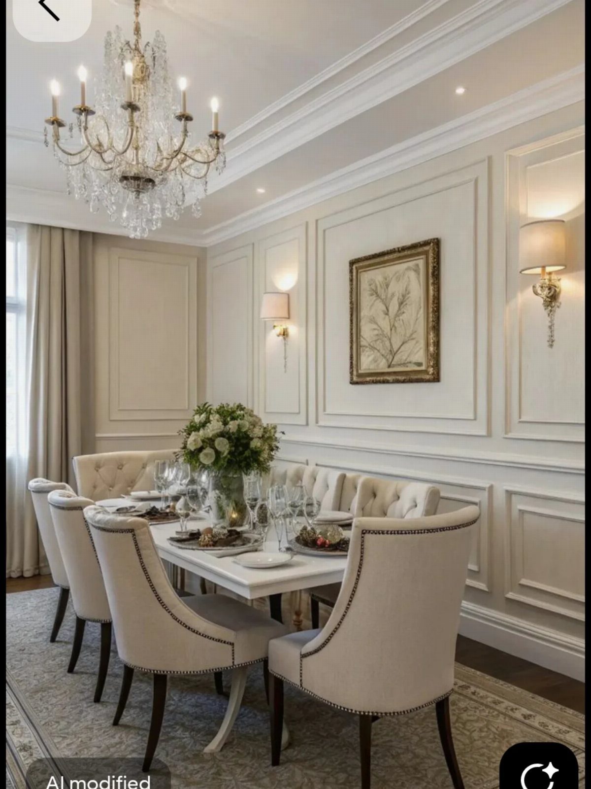 A formal dining room with ornate cream wall paneling, a crystal chandelier, and a set table.