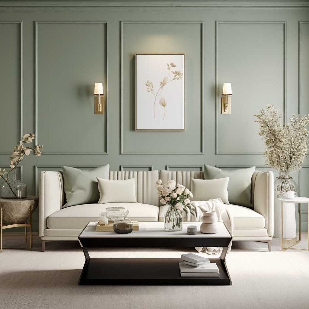 Sage green wall with decorative picture frame molding behind a white sofa and coffee table.