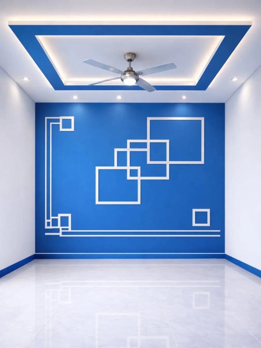 Geometric Accent Wall: 11 Ideas in Wood, Paint, and Light 9 Blue room with a geometric accent wall featuring white square outlines and a white ceiling with a fan.