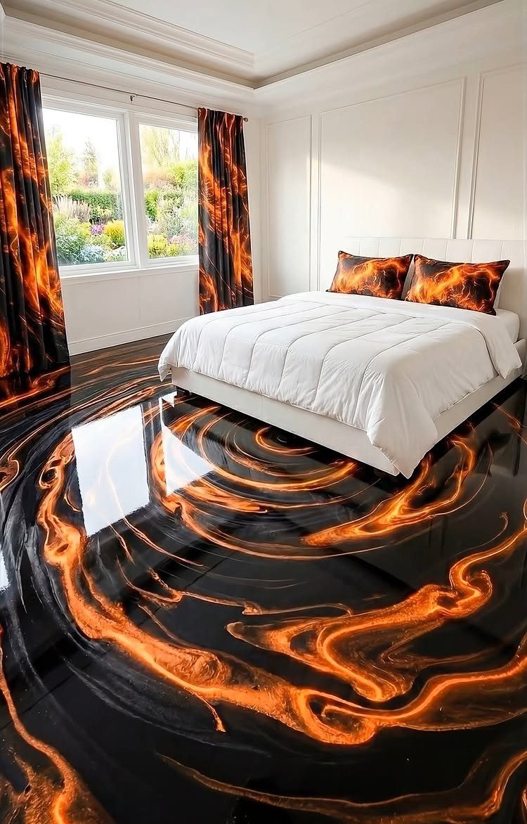 A bedroom with a glossy black floor featuring swirling orange and gold liquid patterns.