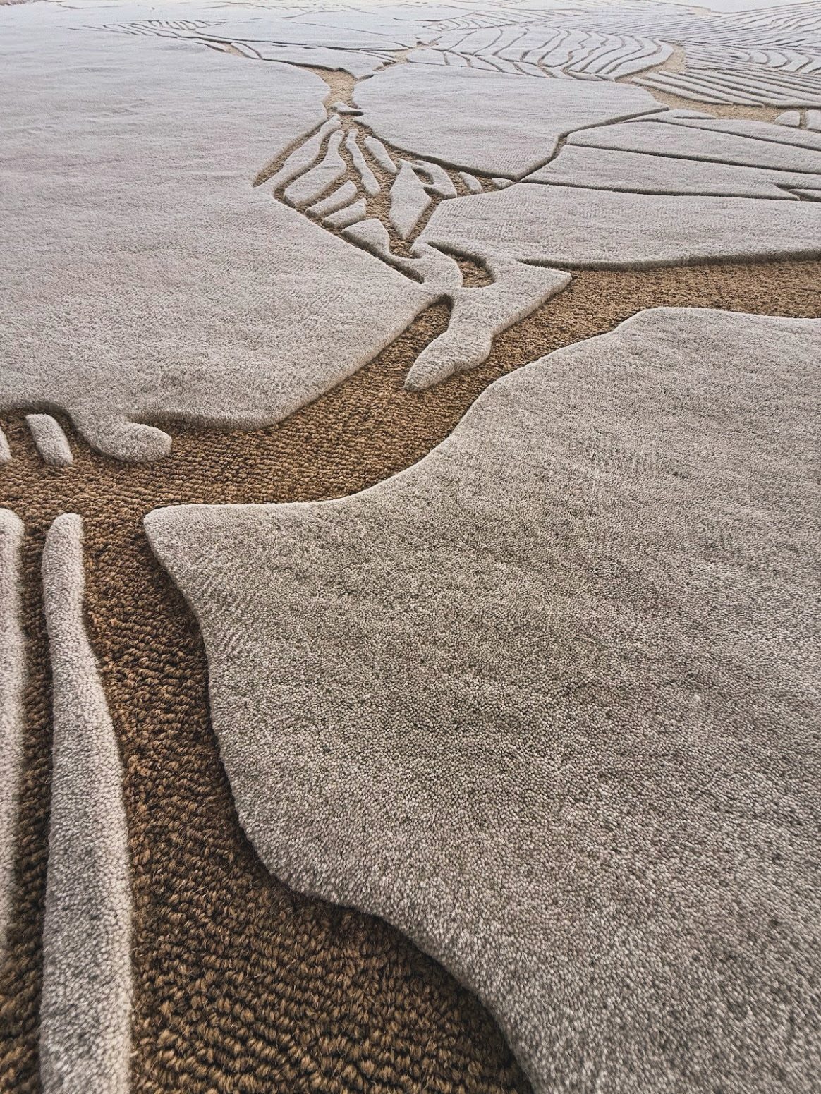 Abstract patterned carpet with raised light grey shapes and recessed brown textured sections.