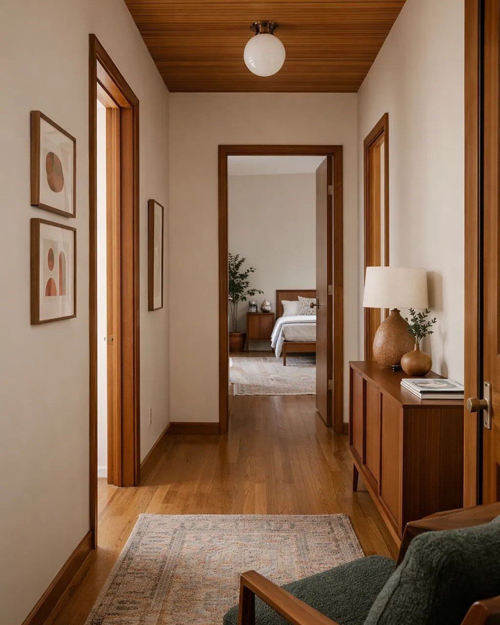 Light Wood Flooring: 10 Ideas That Actually Work 7 Light wood flooring in a hallway leading to a bedroom containing a green indoor plant.
