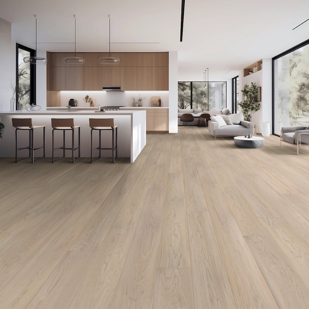 Light Wood Flooring: 10 Ideas That Actually Work 10 Light wood plank flooring stretching through a modern open-concept kitchen and living room area.